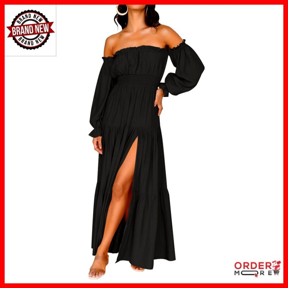 Boho Sexy Off Shoulder Long Sleeve Smocked High Waist Flowy Maxi Dress